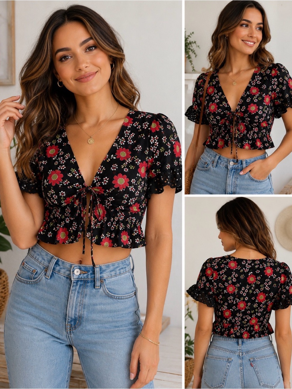 556 Urban Outfitters Black Floral Tie Front Crop Top Small Boho Cottagecore
